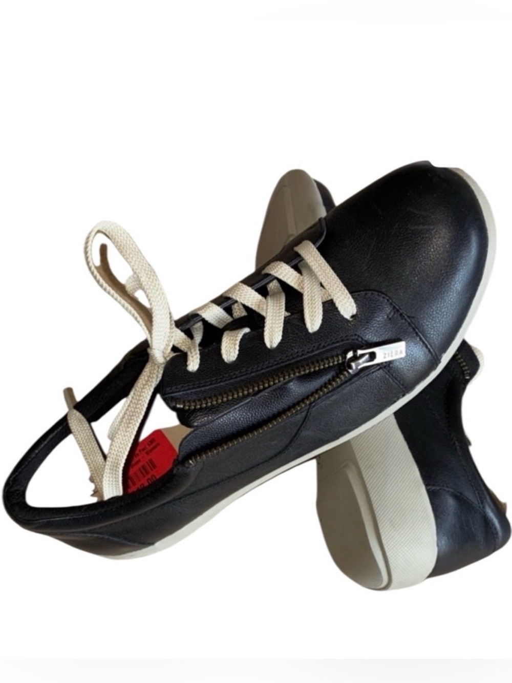 Ziera Black Leather Women's Sneakers, 40.5, Side Zip, White Laces  EUC